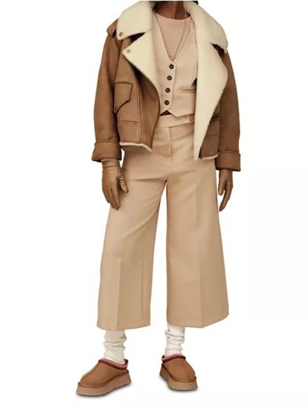 NWT UGG Women's Tan Faux Suede Moto Jacket with Cream Faux Shearling Collar